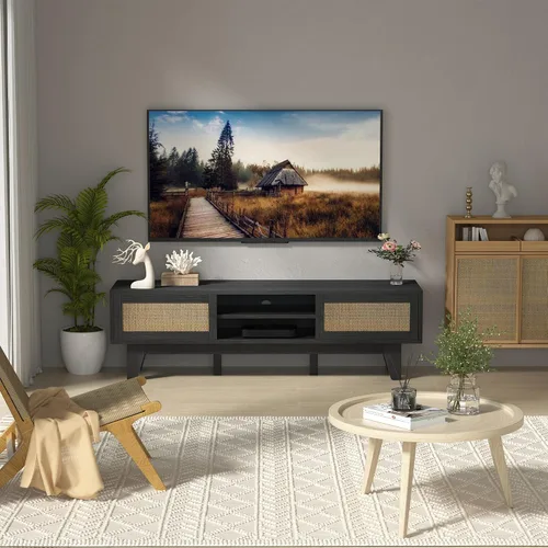 Miniatura 2 de Xilingol Soporte de TV de ratán para TV de hasta 65 pulgadas, centro de entretenimiento bohemio con dos armarios y puertas correderas, consola de TV