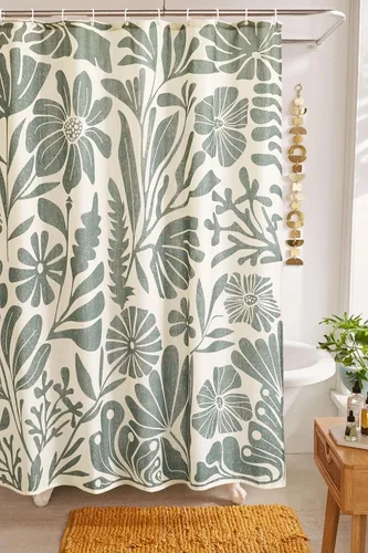 RoomTalks Cortina de ducha vintage floral de lino sintético para baño en beige y verdoso - 210GSM resistente moderno estilo casa de campo flores