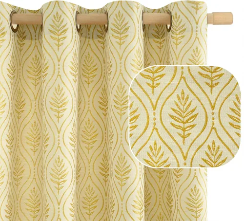 BGment - Cortinas de lino color mostaza para sala de estar, con patrón botánico de hojas de estilo campestre francés, estilo cottage core boho