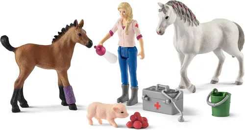 Miniatura 4 de Schleich Farm World - Juego de 9 piezas de visita veterinaria con figuras de cerdito, yegua y potro, juego detallado y duradero, juego divertido