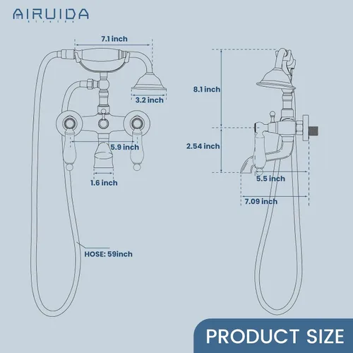 Miniatura 9 de Airuida Grifo de bañera de montaje en pared con pulverizador de mano para teléfono, mezclador doble de calor y frío, manijas de palanca, juego