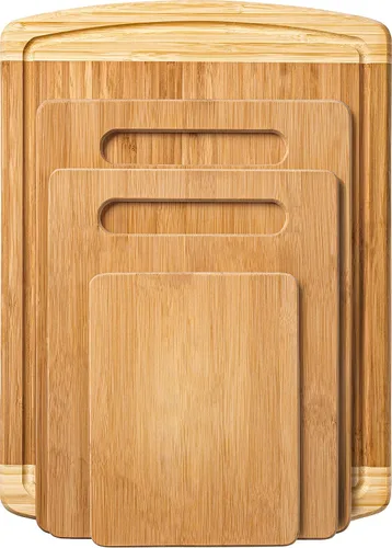 Miniatura 9 de Juego de 4 tablas de cortar de bambú, tablas de cortar de madera para cocina con ranura para jugo, bloque de carnicero grande, tabla de queso