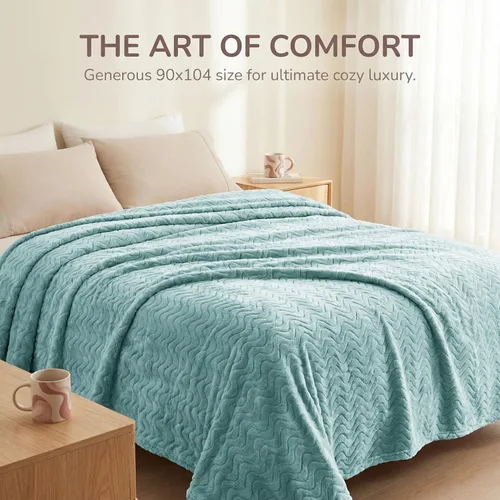 Miniatura 2 de Exclusivo Mezcla - Manta Queen para cama, mantas de vellón ligeras y acogedoras con textura decorativa de ola, adecuadas para invierno, celadón, 90