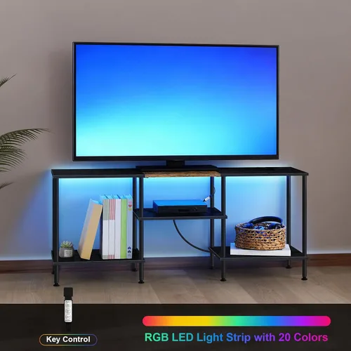 Miniatura 3 de BTY Soporte de TV con luces LED, centro de entretenimiento de TV industrial con estación de carga y estantes de almacenamiento abiertos, consola