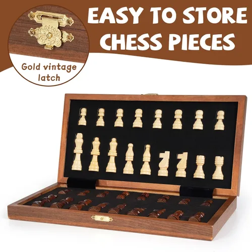 Miniatura 5 de Juego de ajedrez magnético de viaje de 12 pulgadas, tablero de ajedrez magnético de madera con 2 reinas extra, tablero de ajedrez plegable