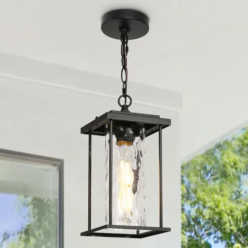 Miniatura 7 de Lámpara colgante para exteriores, luces colgantes exteriores de granja con cadena ajustable, luz de techo negra para exteriores con vidrio