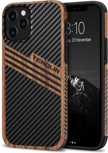 Miniatura 13 de TENDLIN Funda compatible con iPhone 12 Pro Max de grano de madera con diseño de textura de fibra de carbono, funda híbrida de cuero negro