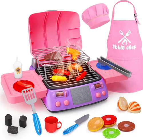 Miniatura 9 de Juego de barbacoa para niños, juego de cocina con luz de sonido de humo de simulación, para niñas pequeñas, color rosa, para niños de 3 a 5 años, 4