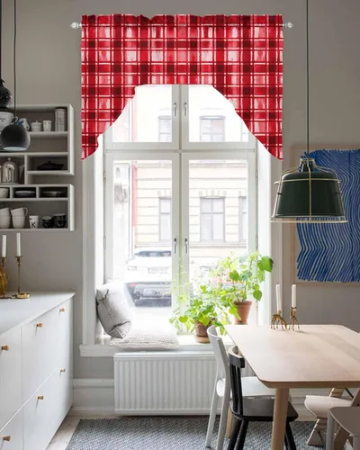 Miniatura 5 de Cortinas de cocina con cenefa roja a cuadros de acuarela, cenefa con bolsillo para barra, paneles de cortina para dormitorio, sala de estar, baño