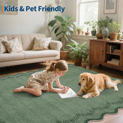 Miniatura 7 de GarveeHome 2.6x10 Alfombra Lavable con Bordes Ondulados para Cocina, Alfombra Larga de Pasillo Suave en Verde Oscuro, Alfombra Antideslizante