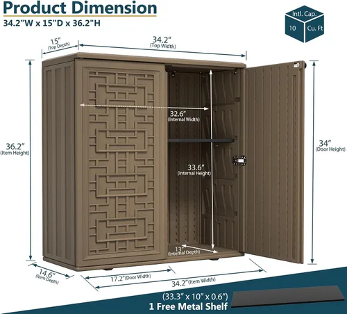Miniatura 3 de HOMSPARK Armario de almacenamiento para interiores y exteriores con puertas y estante, caja de almacenamiento de plástico HDPE de 34 x 16 x 36 Marrón