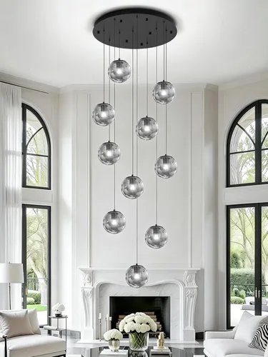 Miniatura 15 de ykolupty Escalera LED de 10 luces LED moderna con globo de cristal, lámpara colgante grande para techos altos, accesorios de iluminación de entrada