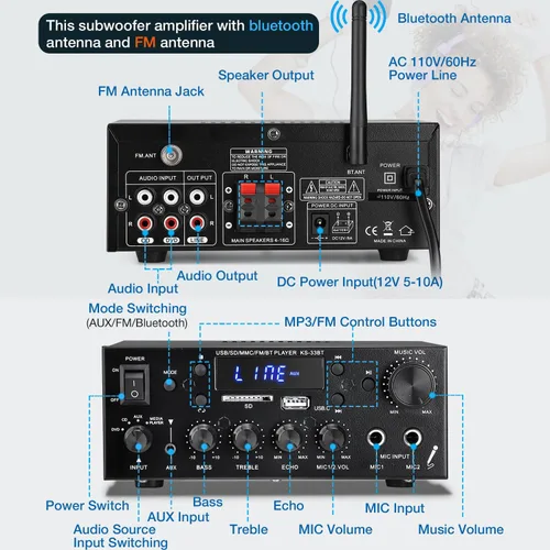 Miniatura 3 de Facmogu KS-33BT Receptor amplificador de audio estéreo de 2.1 canales con salida de subwoofer activa, RMS 60Wx2 Max 400Wx2 Mini BT Amp Home Theater