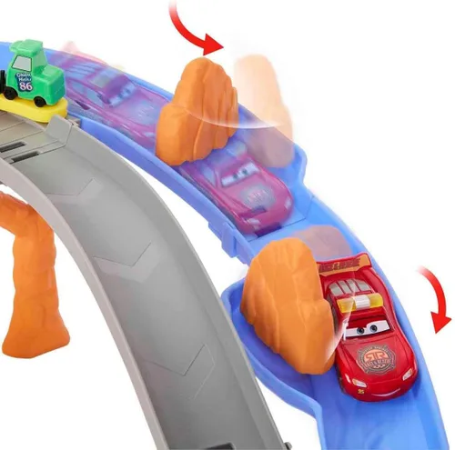 Miniatura 4 de Mattel Disney y Pixar Cars Set de Juguetes, Rayo McQueen y Chick Hicks y 2 Vehículos del Equipo de Pobretones, 2 Maneras de Carrera, Pista