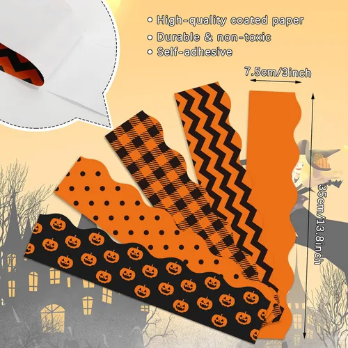 Miniatura 2 de Whaline 69 pies de Halloween, 5 diseños, 60 unidades, diseño de calabaza, bordes de decoración de calabaza, borde naranja y negro, calcomanías