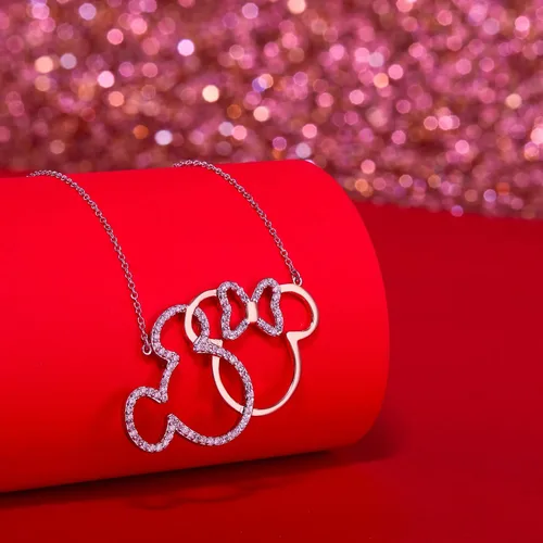 Miniatura 3 de Disney Joyería para mujer collar entrelazado de plata de ley con placa de oro rosa Mickey y Minnie Mouse de 18 pulgadas