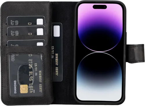 Miniatura 56 de HARDISTON Funda de piel auténtica de alta calidad hecha a mano para iPhone 11 Pro de 5.8 pulgadas, tarjeteros de doble folio, funda magnética Negro