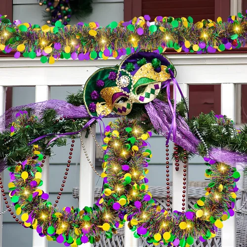 Miniatura 5 de Guirnalda de oropel de Mardi Gras de 20 pies/19.7 ft con luces LED, guirnalda metálica de oropel con pilas, guirnalda colgante de lámina colorida