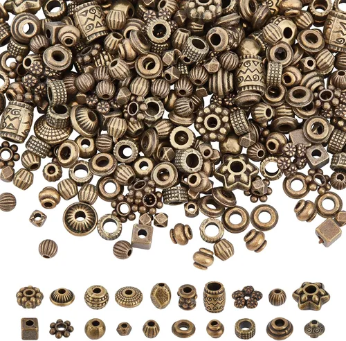 Miniatura 13 de NBEADS 80 cuentas espaciadoras de agujeros grandes estilo tibetano, 8 formas de cuentas africanas de bronce antiguo, cuentas de aleación europea