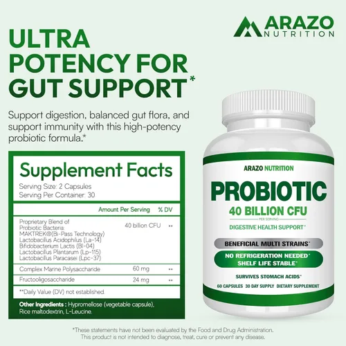 Miniatura 2 de Arazo Nutrition Probiótico 40 mil millones de UFC - Estable en conservación con prebióticos y acidófilos - Potencia estable hasta la expiración
