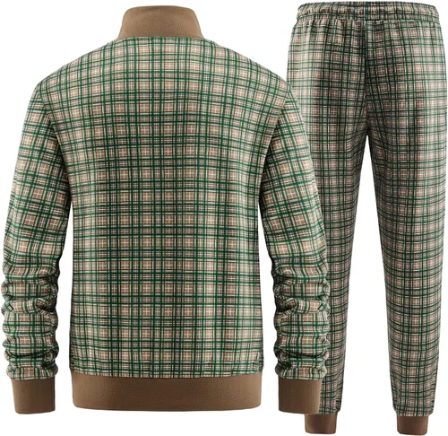 Miniatura 3 de W JIANWANG Conjunto deportivo de 2 piezas para hombre con cremallera completa manga larga a cuadros chaquetas y pantalones activos