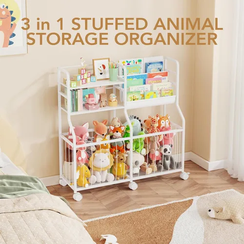 Miniatura 6 de BBLIKE Organizador de almacenamiento de animales de peluche, estantería rodante para niños y almacenamiento de juguetes con exhibición de libros