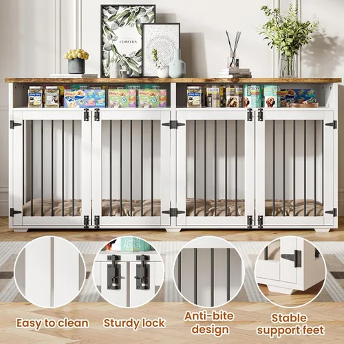 Miniatura 4 de Jaula para perros de 72 pulgadas para 2 perros, jaula de madera para perros con compartimento de almacenamiento, perrera de interior con 4 puertas