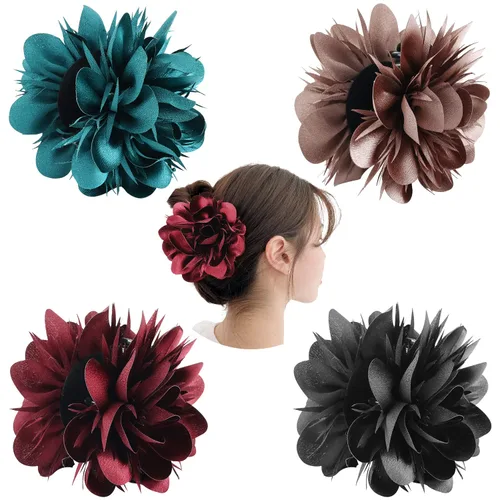 Miniatura 11 de Cinaci Paquete de 4 Lazos Grandes de Flores de Satén para el Cabello Rojos Azul Marino Negro Pinzas de Plástico para el Cabello Clips Cinta Tela