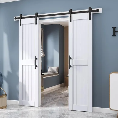 Miniatura 18 de EaseLife - Puerta de granero de 48 x 84 pulgadas en blanco con kit de herrajes deslizantes de 8 pies incluido y manija, madera maciza cubierta