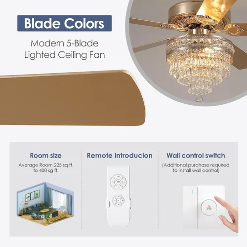 Miniatura 6 de Ventilador de Techo de Cristal Fandelier con Luces - 52" Ventilador Moderno para Exteriores con Control Remoto, Motor AC Silencioso, Iluminación