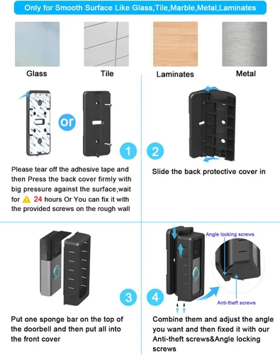 Miniatura 4 de Soporte adhesivo para timbre de puerta compatible con timbre de video 1/2/3/4 de ángulo ajustable para timbre de puerta, soporte de montaje