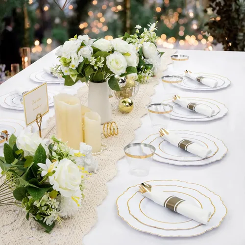 Miniatura 4 de Liacere 350 platos de plástico dorados, platos desechables blancos y dorados, vajilla de plástico barroco para 50 invitados, incluye 100 platos, 50