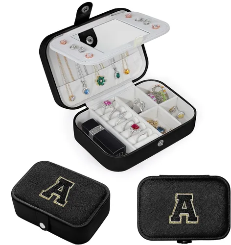 Miniatura 3 de Parima Joyero de viaje negro, estuche de viaje para joyería con inicial, organizador de joyas de viaje para regalos personalizados, estuche
