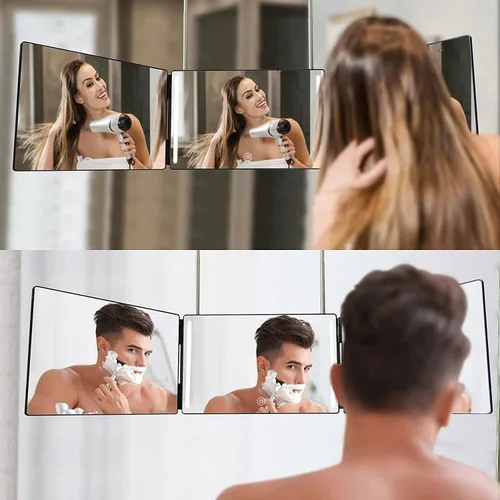 Miniatura 2 de HIEEY Espejo de 3 vías para corte de cabello con LED, espejo triple de 360 grados con ganchos telescópicos ajustables en altura y aumento de 5X