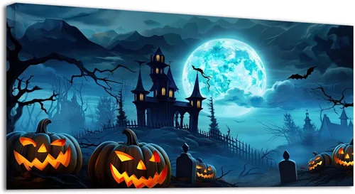 Miniatura 15 de YONICA Lienzo decorativo para pared de Halloween para sala de estar, decoración del hogar, calabaza de Halloween sobre lienzo de alta definición