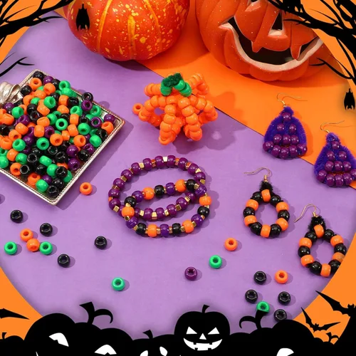 Miniatura 4 de UPINS Cuentas de pony de Halloween, 1200 piezas de cuentas de plástico redondas en negro, púrpura, naranja y verde para hacer joyas, decoración de 4
