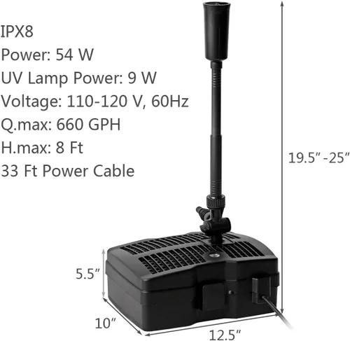 Miniatura 9 de Goplus Bomba de filtro sumergible 4 en 1, bomba de fuente de 660 GPH con terilizador S de 9 W y 3 boquillas, sistema de limpieza de estanques
