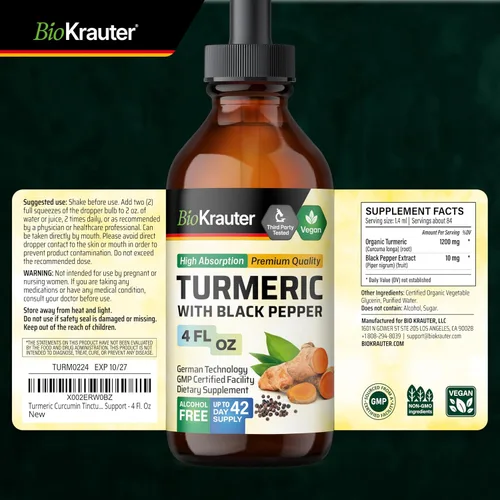 Miniatura 7 de BIO KRAUTER® Suplemento de cúrcuma para el apoyo de la movilidad, curcumina vegana pura con pimienta negra, 4 onzas líquidas, 42 días de suministro