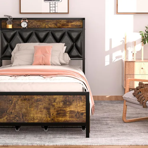Miniatura 6 de GAZHOME Base de cama matrimonial con 4 cajones de almacenamiento y estación de carga, cabecera tapizada de tamaño matrimonial, no necesita somier