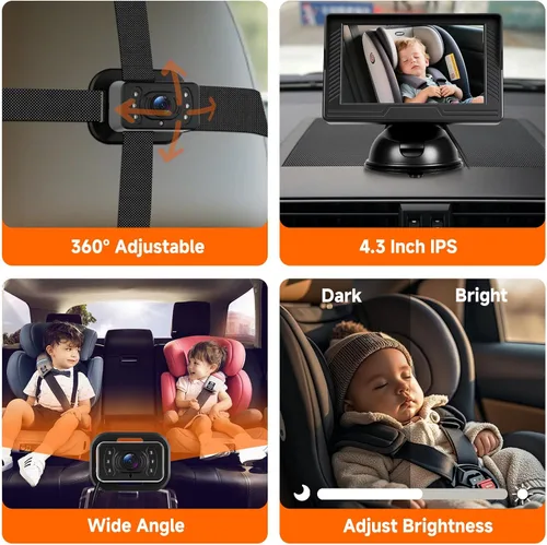 Miniatura 4 de VECHTEL Cámara de coche para bebé HD con orientación trasera para bebé con monitor de 4.3 pulgadas, visión nocturna IR, gran angular, fácil