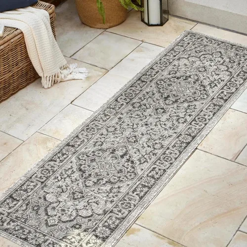Miniatura 3 de JONATHAN Y Alfombra bohemia con medallón para interiores y exteriores, 2 x 8 pies, color gris/negro, tejido texturizado Rozetta para patio trasero