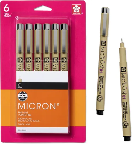 Sakura Pigma Micron - Rotuladores de punta fina, Tamaño de punta 01, tinta negra archivada, paquete de 6 50035