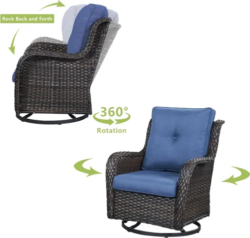 Miniatura 2 de HUMMUH Silla mecedora giratoria de ratán de 3 piezas para exteriores, juego de muebles de bistró de patio con cubierta, silla de mimbre acolchada