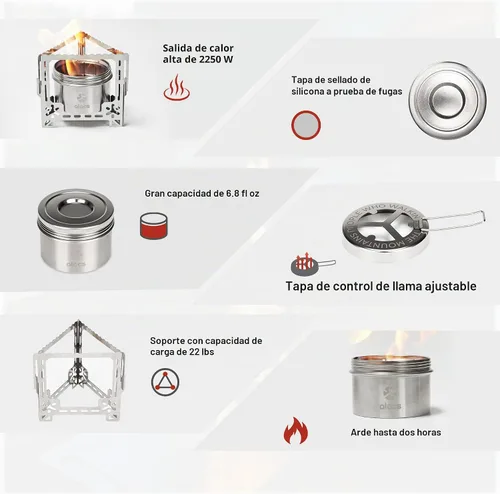 Miniatura 6 de Alocs Estufa de alcohol de 2250 W, estufa de camping con cubierta sellada, estufa individual de acero inoxidable con soporte plegable