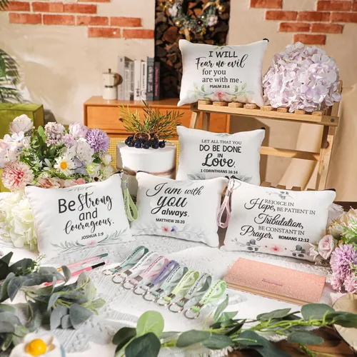 Miniatura 3 de Panelee 48 bolsas de cosméticos cristianos a granel para mujeres, bolsas de maquillaje con versículos de la Biblia, llaveros inspiradores, regalos