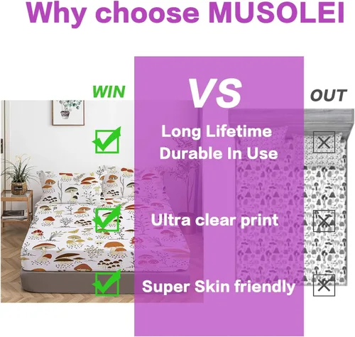 Miniatura 7 de MUSOLEI Sábana bajera ajustable de hongos, ropa de cama de hongos, decoración de hongos para niños, niños; juego de sábanas individuales; 1 sábana