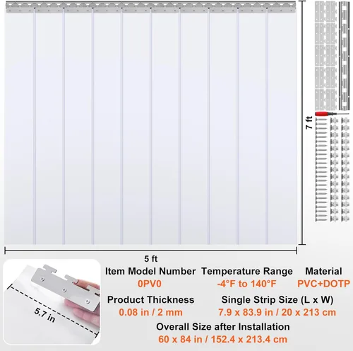Miniatura 7 de VEVOR Cortina de tiras de PVC transparente, 84 pulgadas de alto x 60 pulgadas de ancho, 10 piezas con 50% de superposición para congeladores