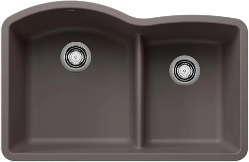 BLANCO 443102 Diamond 60/40 Fregadero de cocina con doble tazón de división baja, 32 pulgadas de largo x 21 pulgadas de ancho, color gris volcán