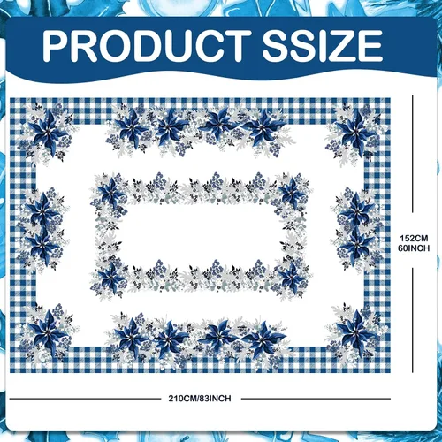 Miniatura 2 de Peryiter Mantel de Navidad Azul y Blanco de 60 x 84 Pulgadas Mantel de Navidad de Poinsettia Azul Decoraciones de Invierno Reutilizable Mantel