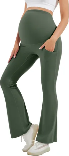 HEGALY Leggings acampanados de maternidad para mujer sobre el vientre, pantalones casuales de yoga para embarazo, con bolsillos, suaves como la
